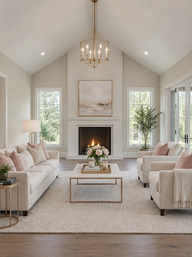 Living room after virtual staging, furnished with a sofa, rug, tables, lamp, art, and plants
